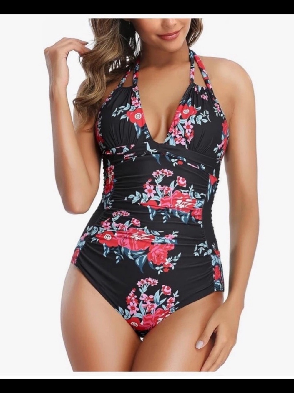Smismivo Tummy Control Halter One Piece Swimsuit Black & Pink